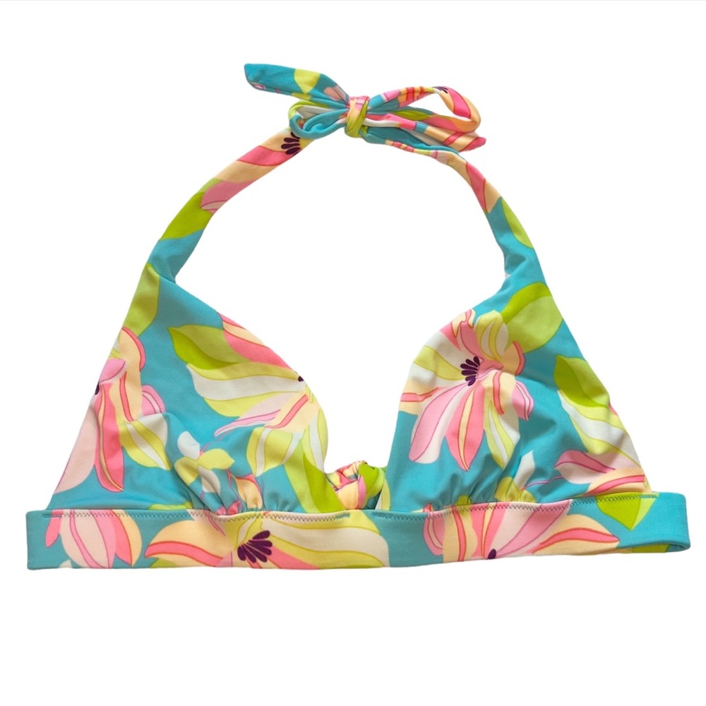 Victoria's Secret Tropical Floral Print Tie Halter Bikini Top in Blue/Pink M